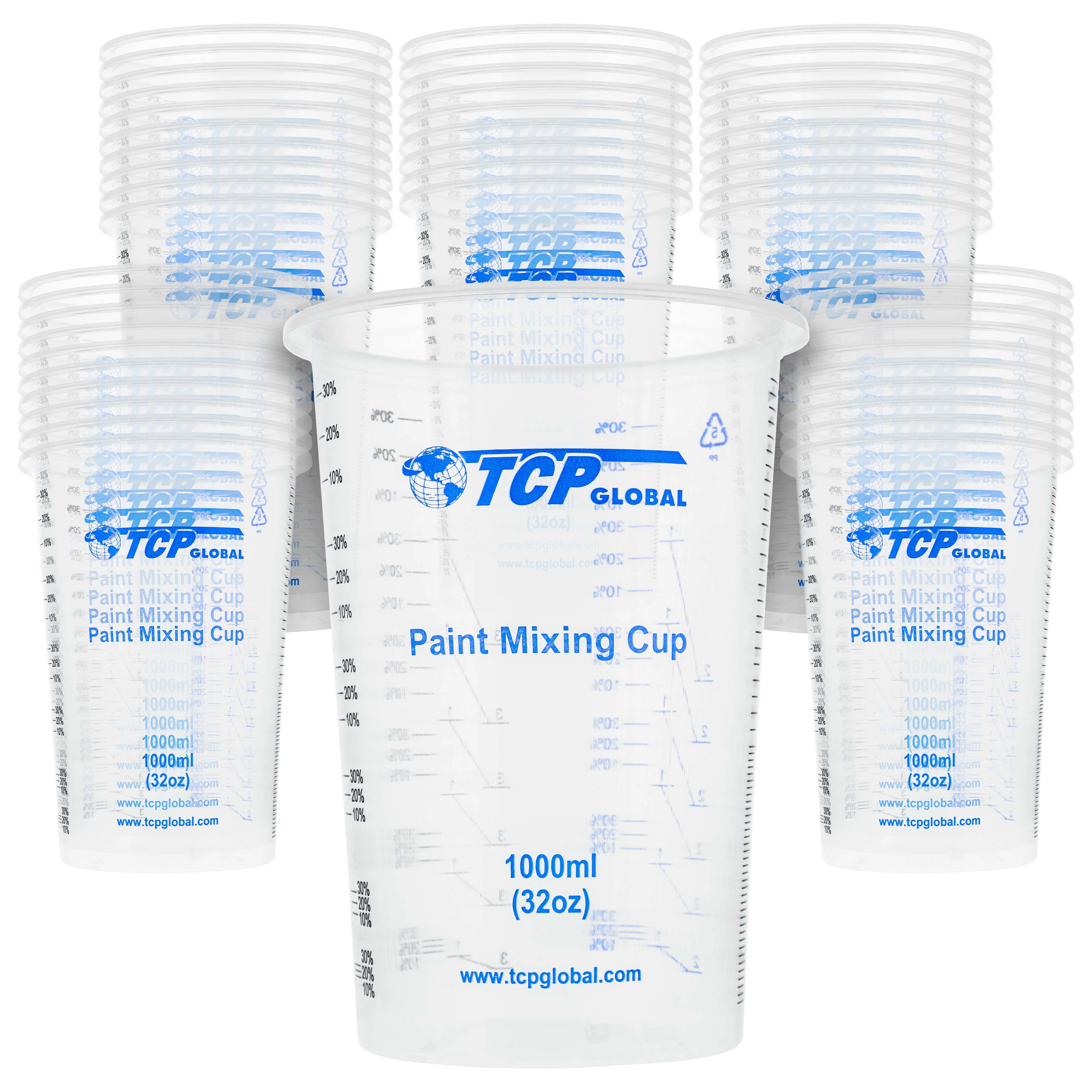 32 oz. (1000ml) Graduated Plastic Mixing Cups (Box of 50) - Disposable Plastic Measuring Cups for Liquids, Paints, Resin, Epoxy, Art, Kitchen
