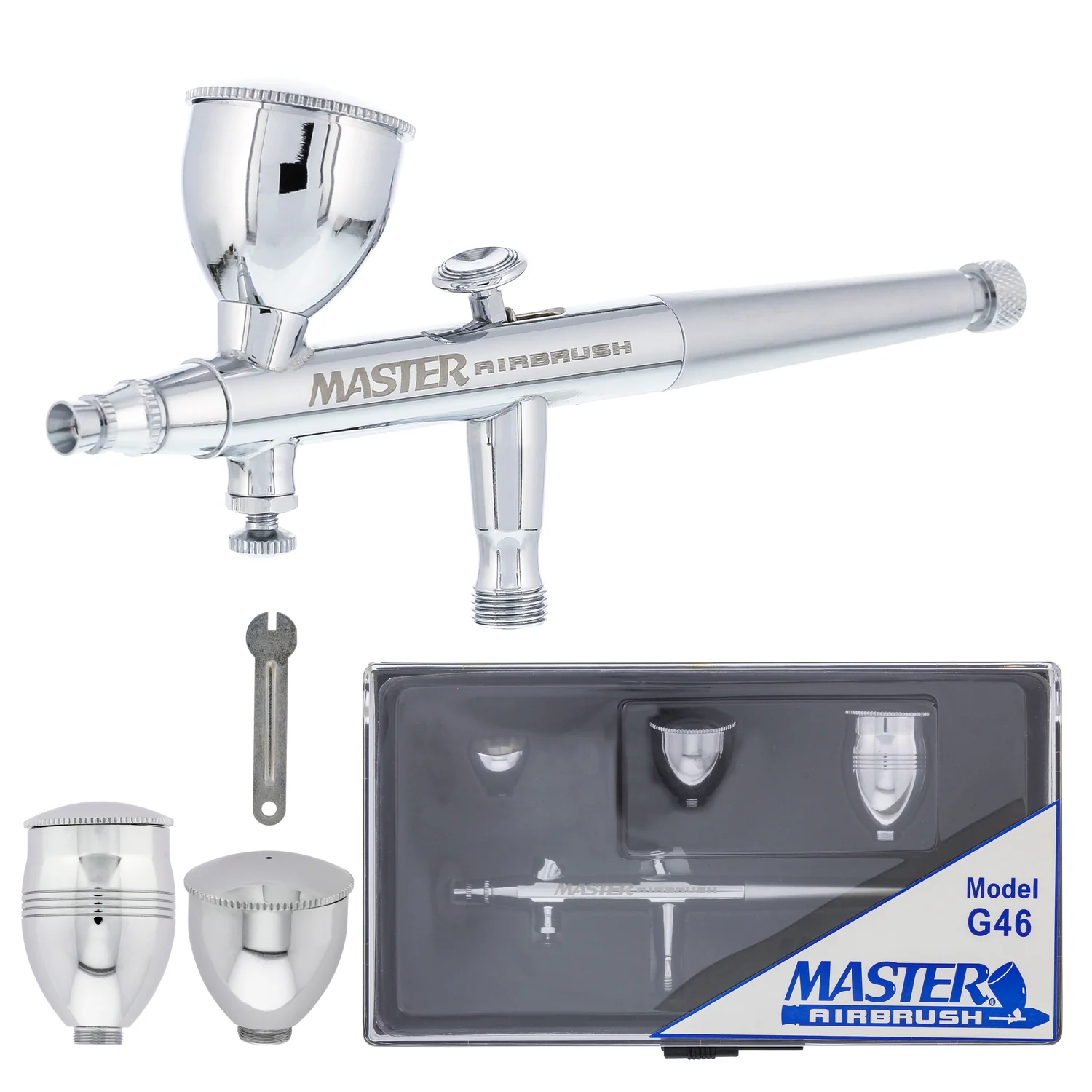 Model G46 Multi-Purpose Dual-Action Airbrush, 0.3 mm Tip, 3 Sizes of Gravity Feed Fluid Cups, Micro Airflow Valve