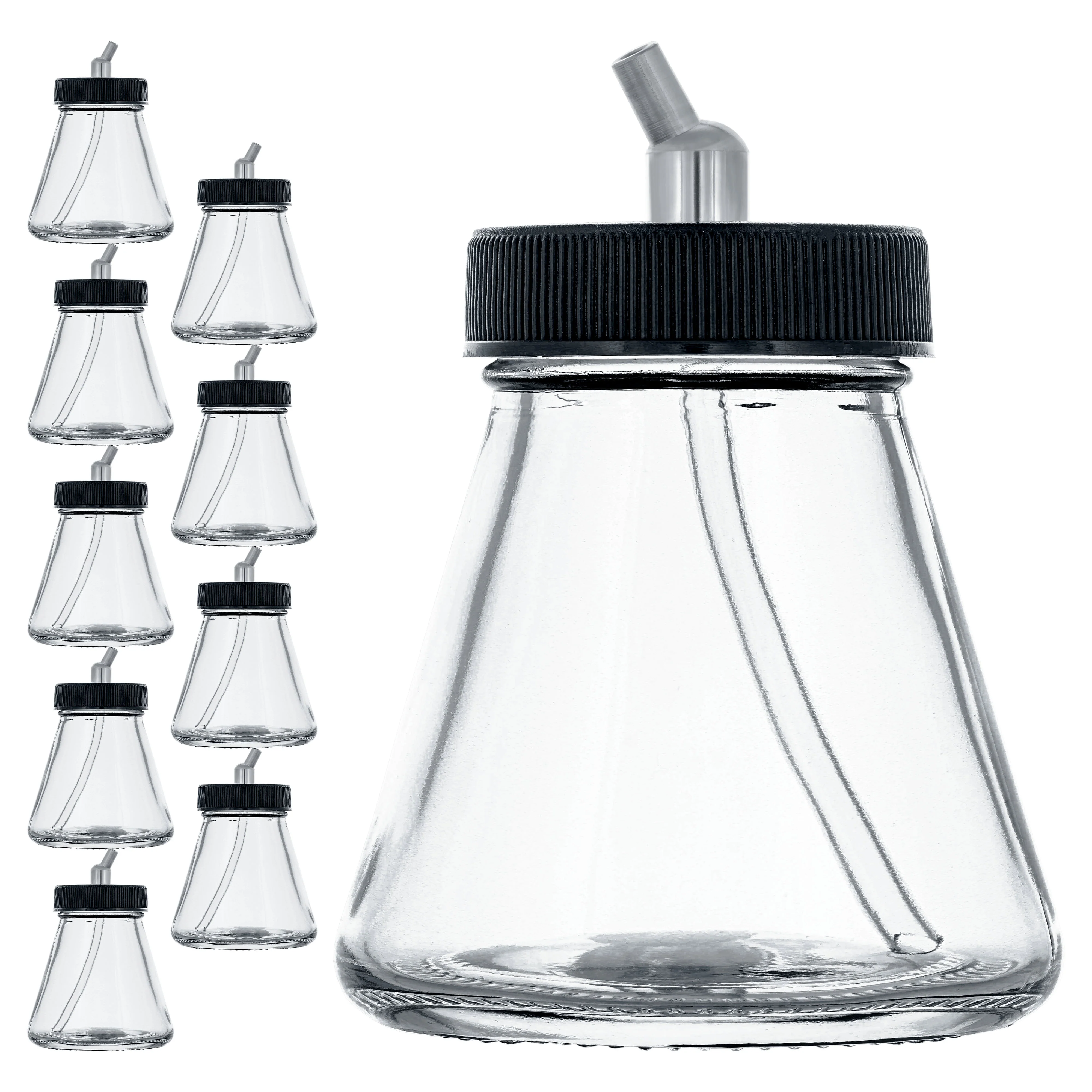 (Pack of 10) TB-010 Empty 2.7-Ounce (80cc) Glass Jar Bottles with 30 Degree­ Down Angle Adaptor Lid Assembly - Fits Dual-Action Siphon Feed Airbrushes